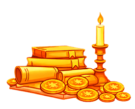 Books, candle, and coins illustration